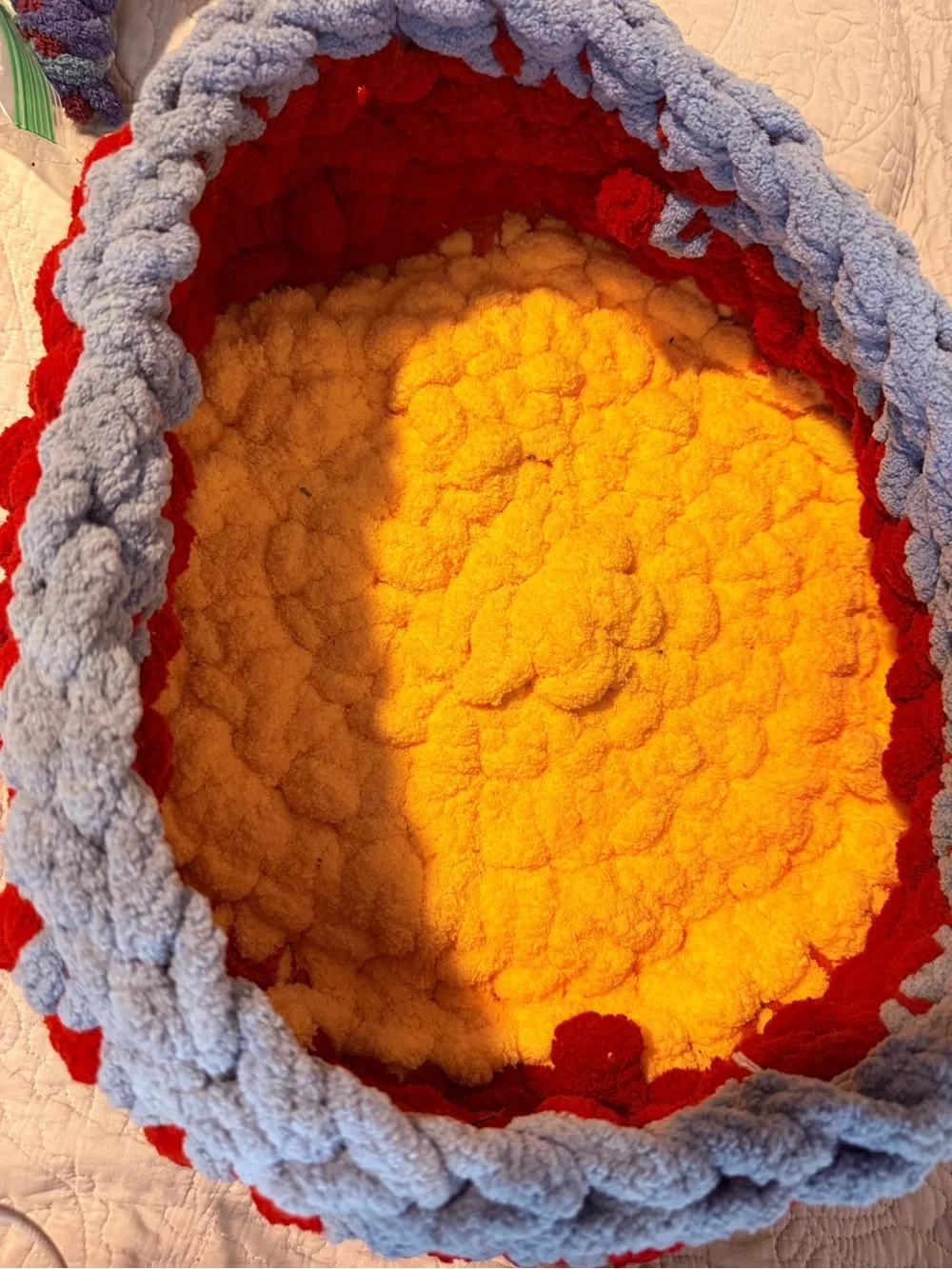 Handmade Plush Basket with Handle - Flame themed with Red, Orange, Yellow & Blue